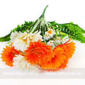 искусственные цветы герберы с добавкой ромашки цвета оранжевый с белым 16